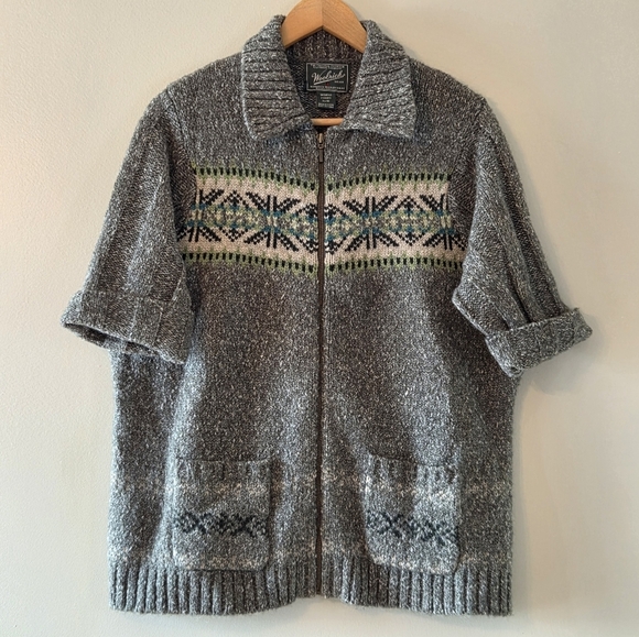 Woolrich Vintage Wool Blend Full Zip Cardigan Spruce Nordic Elbow Sleeve Large - Picture 3 of 11